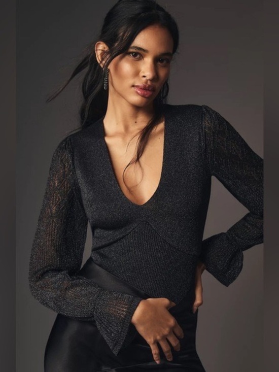 Tops - NWT Anthropologie Open Weave Metallic Twofer Sweater Small